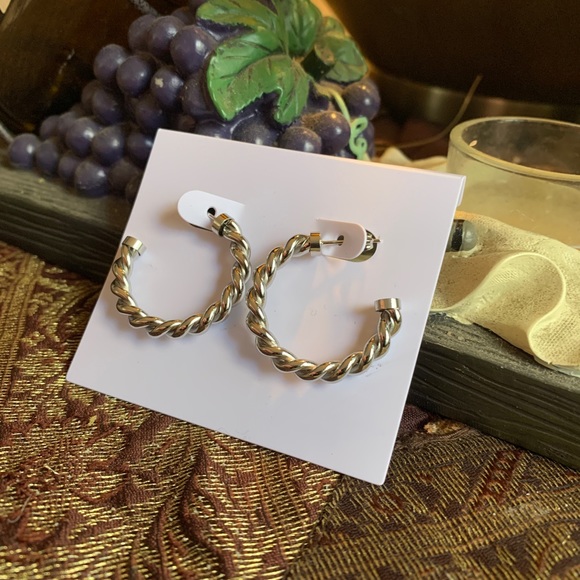 Authentic White rhodium plated stainless steel twisted hoop earrings - Picture 3 of 6